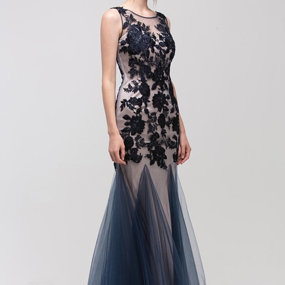 Embroidered Lace Fit Navy Dress